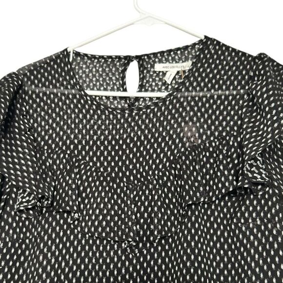 NWT Avec Les Filles Sheer Ruffle Blouse Size Medium Black & White Dot - Picture 3 of 10